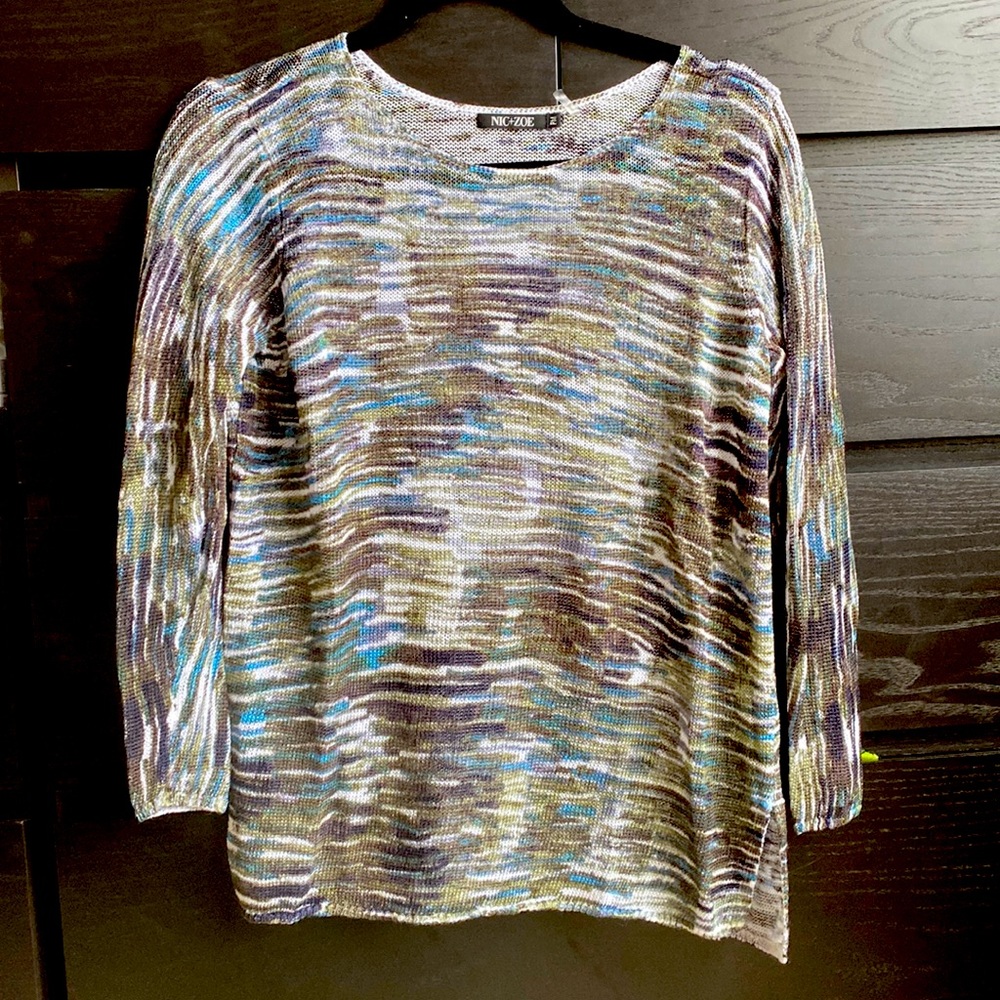Nic + Zoe Olive Gray Tie Dye Linen Blend Long Sleeve Sweater size Medium